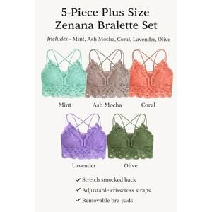Zenana Plus Lace Bralette 2XL 5pc Set NWT Smocked Back Removable Pads